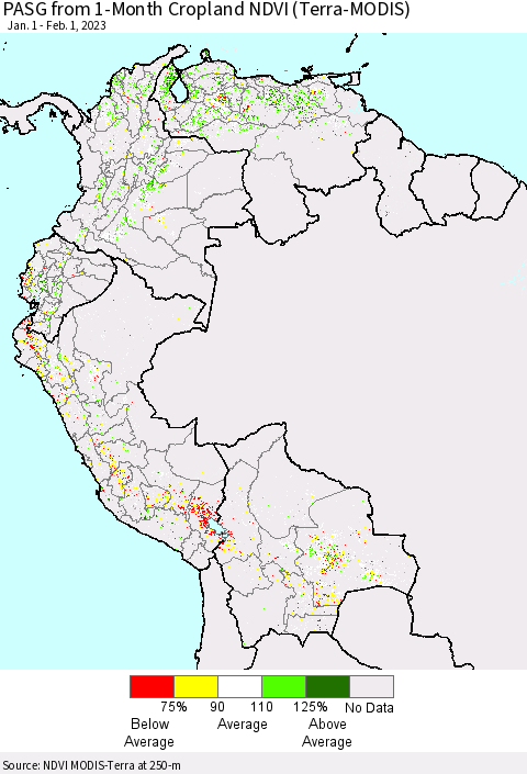 Northern South America PASG from 1-Month Cropland NDVI (Terra-MODIS) Thematic Map For 1/25/2023 - 2/1/2023