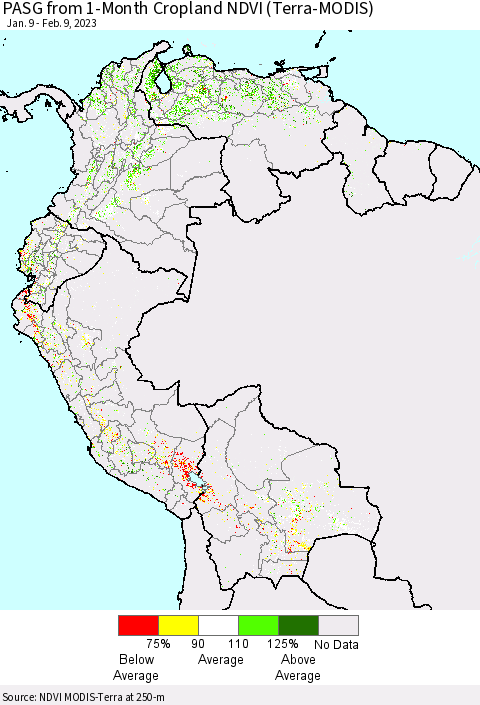 Northern South America PASG from 1-Month Cropland NDVI (Terra-MODIS) Thematic Map For 2/2/2023 - 2/9/2023