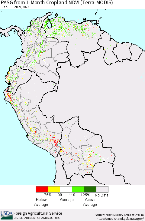 Northern South America PASG from 1-Month Cropland NDVI (Terra-MODIS) Thematic Map For 2/1/2023 - 2/10/2023