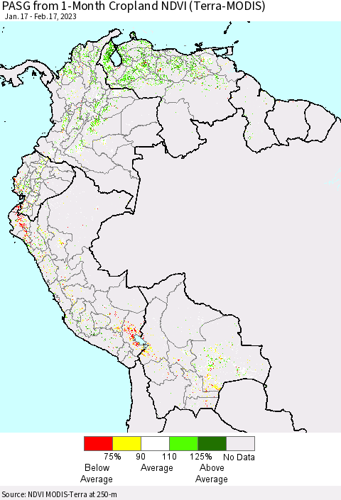 Northern South America PASG from 1-Month Cropland NDVI (Terra-MODIS) Thematic Map For 2/10/2023 - 2/17/2023