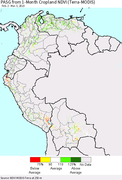 Northern South America PASG from 1-Month Cropland NDVI (Terra-MODIS) Thematic Map For 2/26/2023 - 3/5/2023
