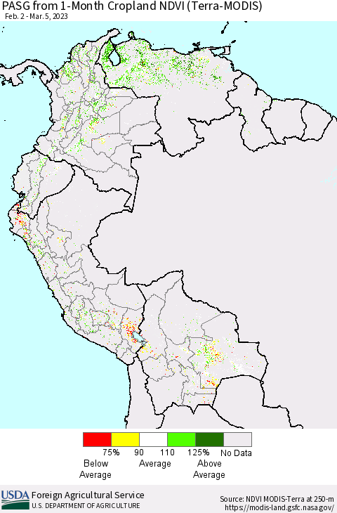 Northern South America PASG from 1-Month Cropland NDVI (Terra-MODIS) Thematic Map For 3/1/2023 - 3/10/2023