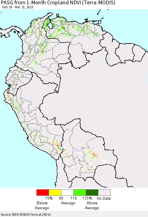 Northern South America PASG from 1-Month Cropland NDVI (Terra-MODIS) Thematic Map For 3/14/2023 - 3/21/2023