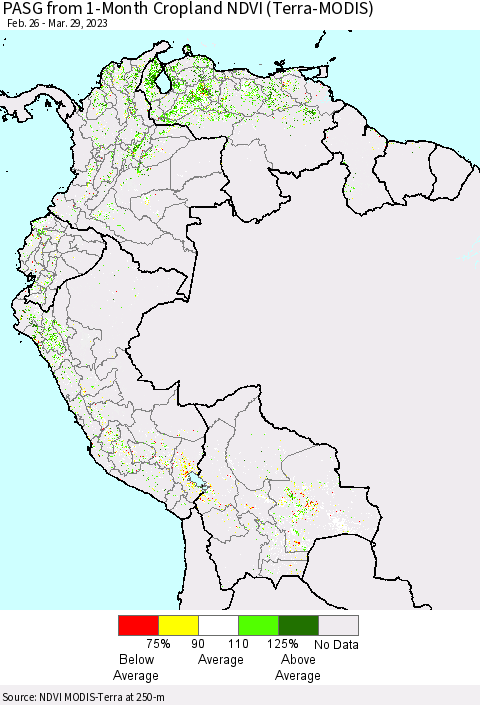 Northern South America PASG from 1-Month Cropland NDVI (Terra-MODIS) Thematic Map For 3/22/2023 - 3/29/2023