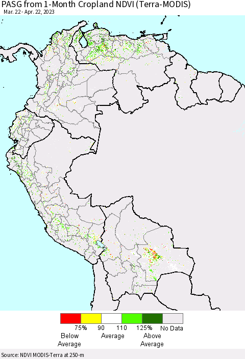 Northern South America PASG from 1-Month Cropland NDVI (Terra-MODIS) Thematic Map For 4/15/2023 - 4/22/2023