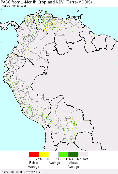 Northern South America PASG from 1-Month Cropland NDVI (Terra-MODIS) Thematic Map For 4/23/2023 - 4/30/2023