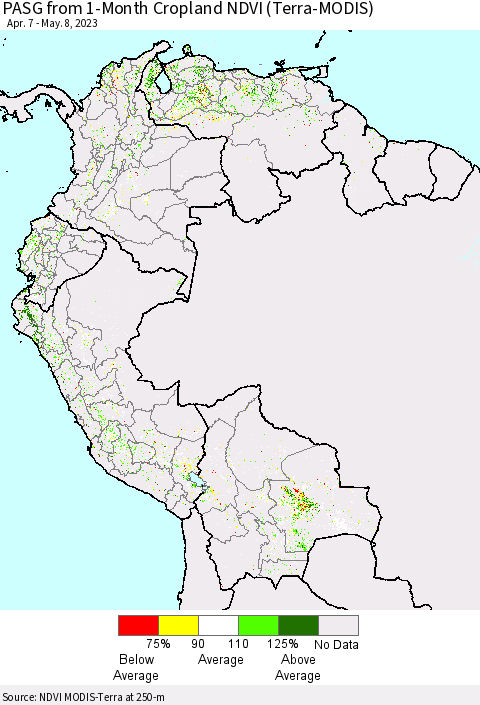 Northern South America PASG from 1-Month Cropland NDVI (Terra-MODIS) Thematic Map For 5/1/2023 - 5/8/2023