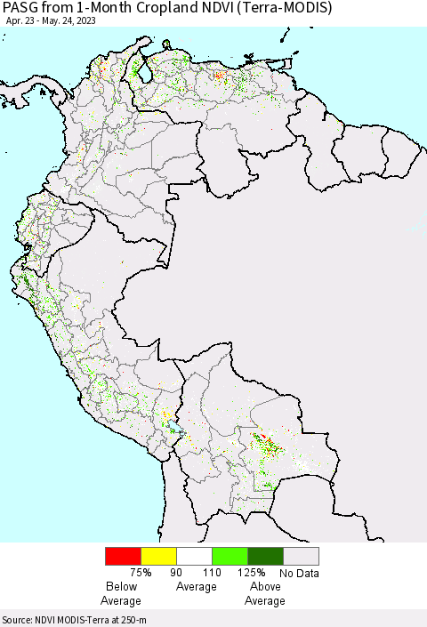 Northern South America PASG from 1-Month Cropland NDVI (Terra-MODIS) Thematic Map For 5/17/2023 - 5/24/2023