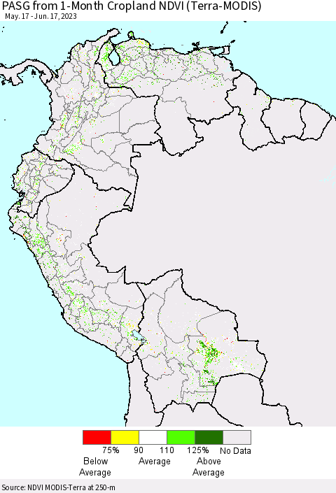 Northern South America PASG from 1-Month Cropland NDVI (Terra-MODIS) Thematic Map For 6/10/2023 - 6/17/2023