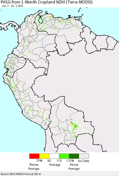 Northern South America PASG from 1-Month Cropland NDVI (Terra-MODIS) Thematic Map For 6/26/2023 - 7/3/2023