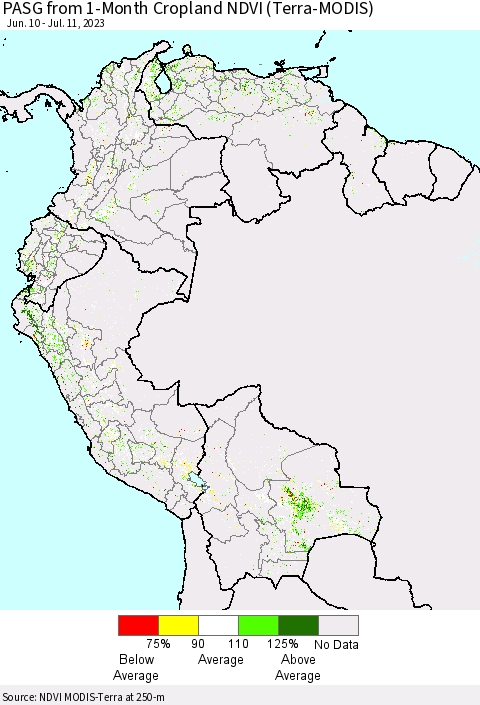 Northern South America PASG from 1-Month Cropland NDVI (Terra-MODIS) Thematic Map For 7/4/2023 - 7/11/2023