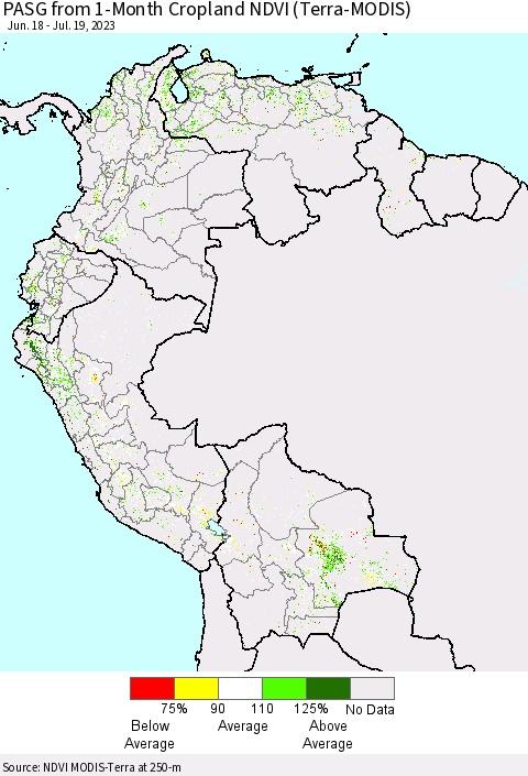 Northern South America PASG from 1-Month Cropland NDVI (Terra-MODIS) Thematic Map For 7/12/2023 - 7/19/2023
