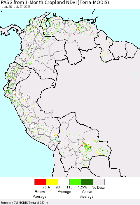 Northern South America PASG from 1-Month Cropland NDVI (Terra-MODIS) Thematic Map For 7/20/2023 - 7/27/2023