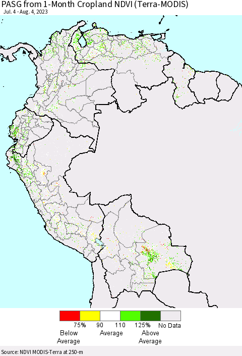 Northern South America PASG from 1-Month Cropland NDVI (Terra-MODIS) Thematic Map For 7/28/2023 - 8/4/2023