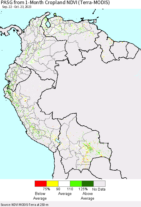 Northern South America PASG from 1-Month Cropland NDVI (Terra-MODIS) Thematic Map For 10/16/2023 - 10/23/2023