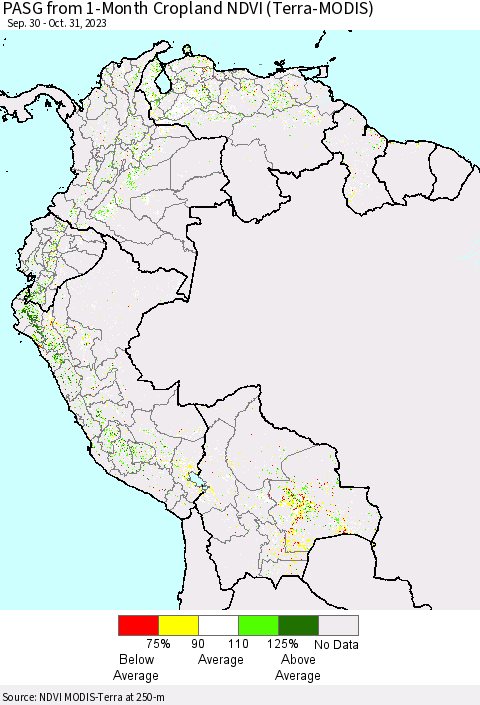 Northern South America PASG from 1-Month Cropland NDVI (Terra-MODIS) Thematic Map For 10/24/2023 - 10/31/2023
