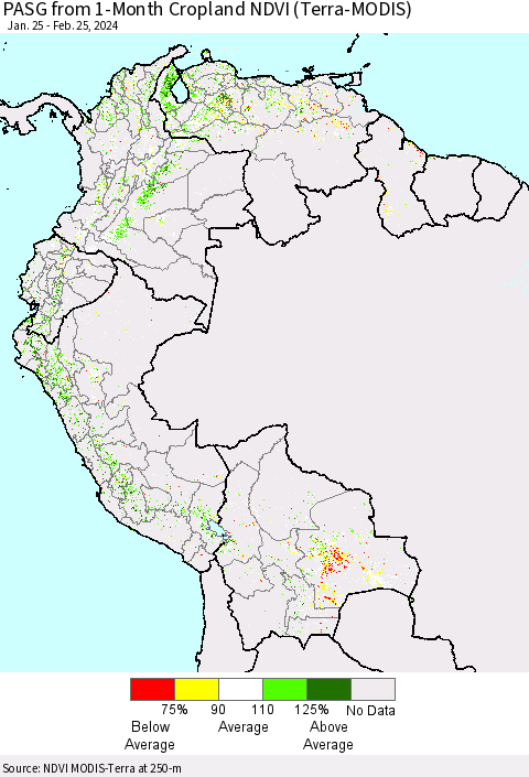 Northern South America PASG from 1-Month Cropland NDVI (Terra-MODIS) Thematic Map For 2/18/2024 - 2/25/2024
