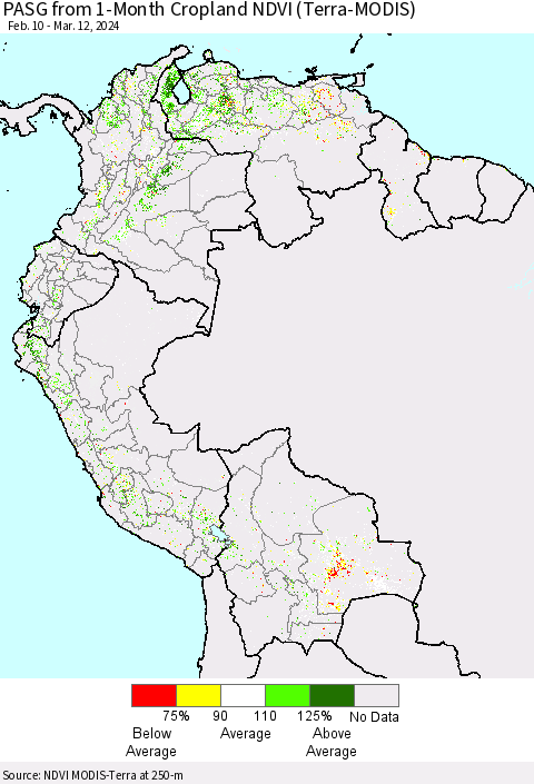 Northern South America PASG from 1-Month Cropland NDVI (Terra-MODIS) Thematic Map For 3/5/2024 - 3/12/2024