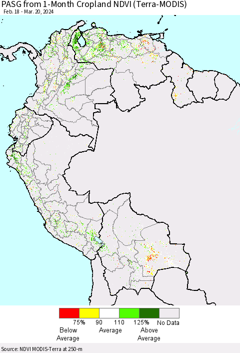 Northern South America PASG from 1-Month Cropland NDVI (Terra-MODIS) Thematic Map For 3/13/2024 - 3/20/2024