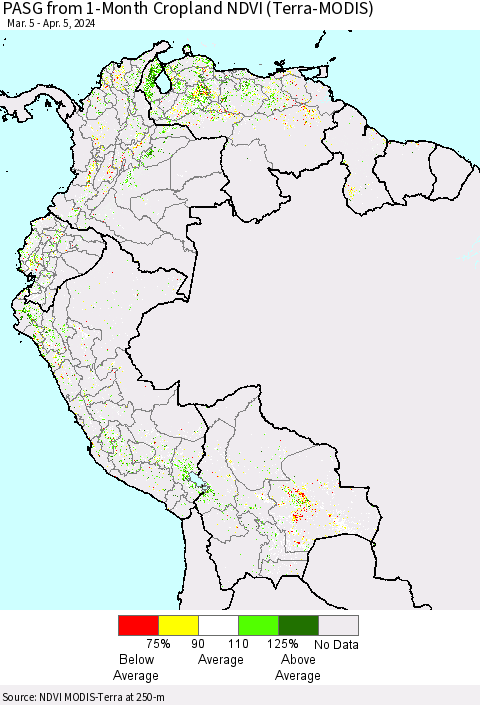Northern South America PASG from 1-Month Cropland NDVI (Terra-MODIS) Thematic Map For 3/29/2024 - 4/5/2024
