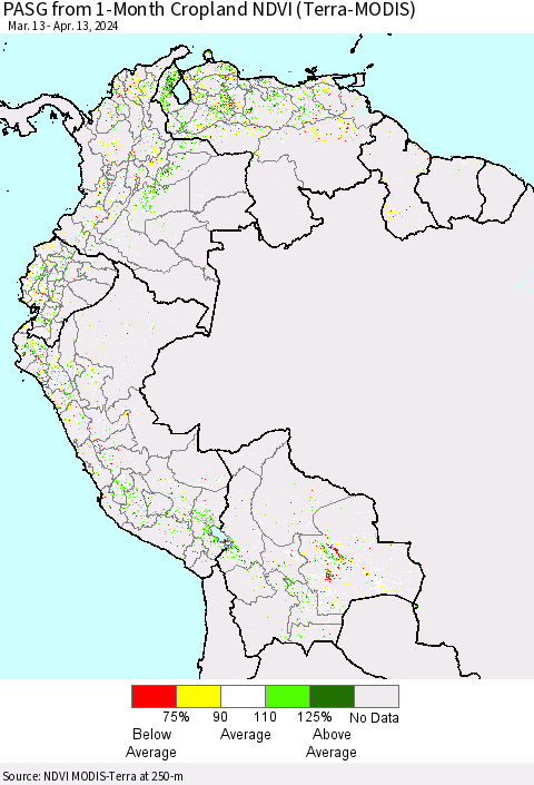 Northern South America PASG from 1-Month Cropland NDVI (Terra-MODIS) Thematic Map For 4/6/2024 - 4/13/2024
