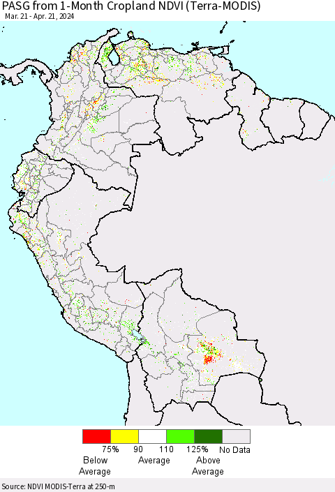 Northern South America PASG from 1-Month Cropland NDVI (Terra-MODIS) Thematic Map For 4/14/2024 - 4/21/2024