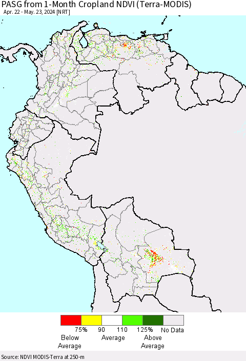Northern South America PASG from 1-Month Cropland NDVI (Terra-MODIS) Thematic Map For 5/16/2024 - 5/23/2024
