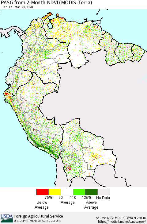 Northern South America PASG from 2-Month NDVI (Terra-MODIS) Thematic Map For 3/11/2020 - 3/20/2020