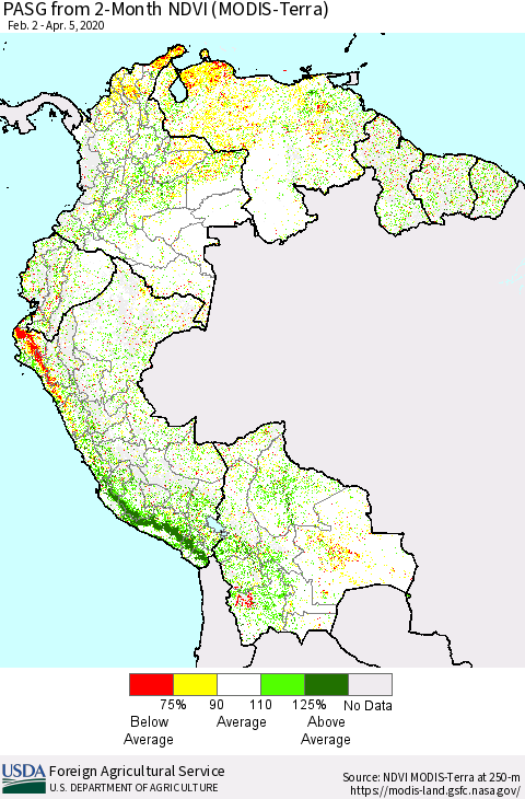 Northern South America PASG from 2-Month NDVI (Terra-MODIS) Thematic Map For 4/1/2020 - 4/10/2020