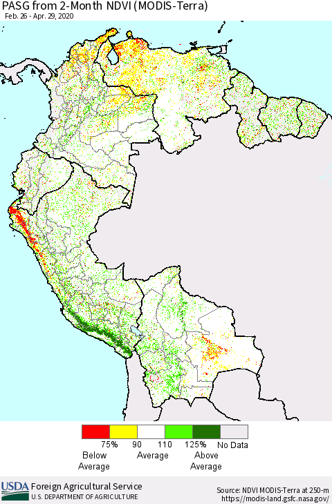 Northern South America PASG from 2-Month NDVI (Terra-MODIS) Thematic Map For 4/21/2020 - 4/30/2020