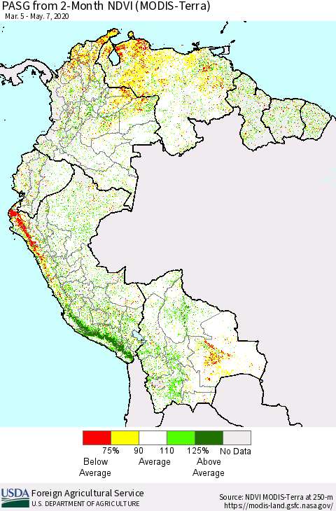 Northern South America PASG from 2-Month NDVI (Terra-MODIS) Thematic Map For 5/1/2020 - 5/10/2020