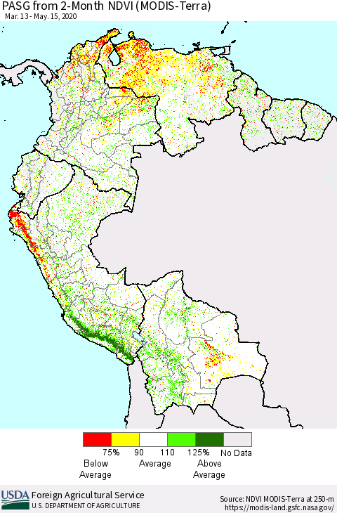 Northern South America PASG from 2-Month NDVI (Terra-MODIS) Thematic Map For 5/11/2020 - 5/20/2020