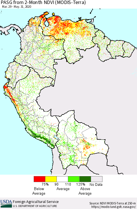 Northern South America PASG from 2-Month NDVI (Terra-MODIS) Thematic Map For 5/21/2020 - 5/31/2020