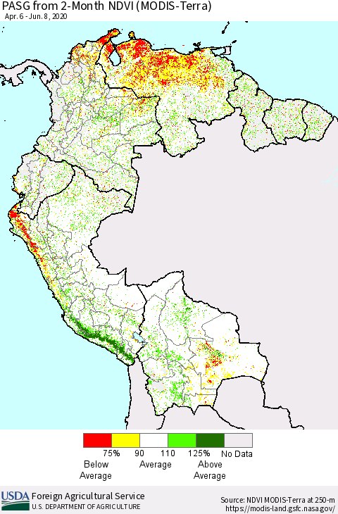 Northern South America PASG from 2-Month NDVI (Terra-MODIS) Thematic Map For 6/1/2020 - 6/10/2020
