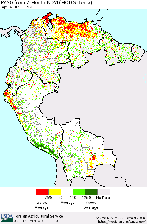 Northern South America PASG from 2-Month NDVI (Terra-MODIS) Thematic Map For 6/11/2020 - 6/20/2020