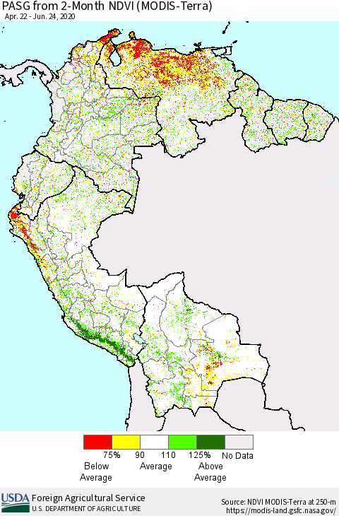 Northern South America PASG from 2-Month NDVI (Terra-MODIS) Thematic Map For 6/21/2020 - 6/30/2020