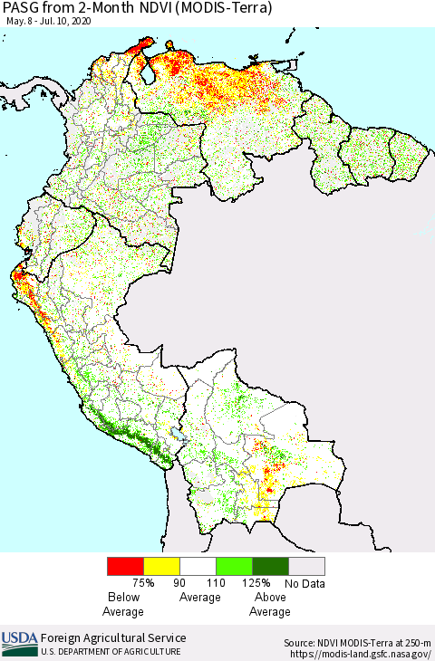 Northern South America PASG from 2-Month NDVI (Terra-MODIS) Thematic Map For 7/1/2020 - 7/10/2020
