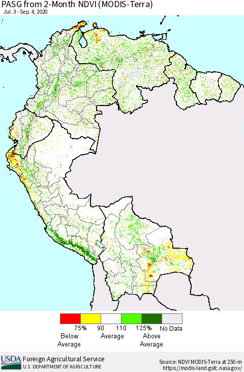 Northern South America PASG from 2-Month NDVI (Terra-MODIS) Thematic Map For 9/1/2020 - 9/10/2020
