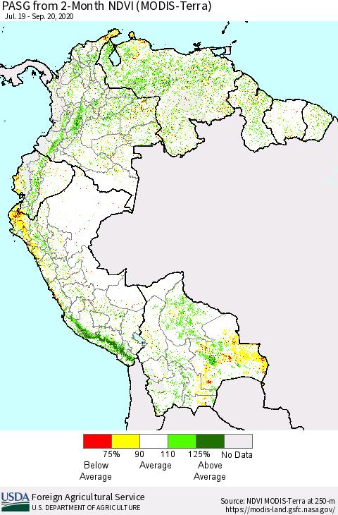 Northern South America PASG from 2-Month NDVI (Terra-MODIS) Thematic Map For 9/11/2020 - 9/20/2020