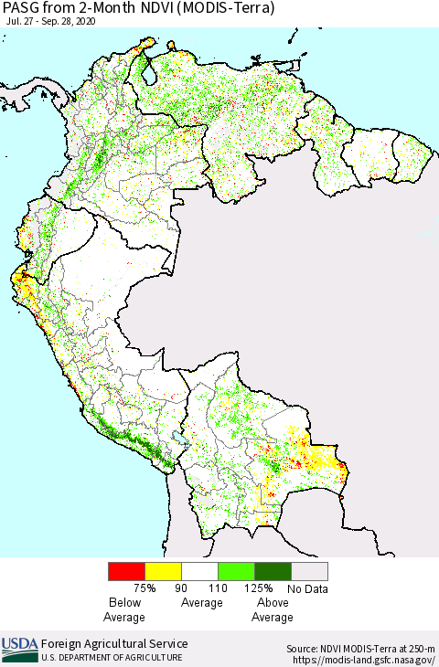 Northern South America PASG from 2-Month NDVI (Terra-MODIS) Thematic Map For 9/21/2020 - 9/30/2020