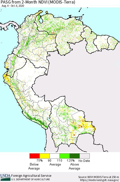 Northern South America PASG from 2-Month NDVI (Terra-MODIS) Thematic Map For 10/1/2020 - 10/10/2020
