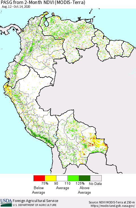 Northern South America PASG from 2-Month NDVI (Terra-MODIS) Thematic Map For 10/11/2020 - 10/20/2020