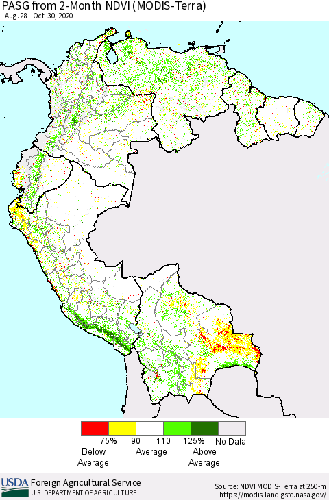 Northern South America PASG from 2-Month NDVI (Terra-MODIS) Thematic Map For 10/21/2020 - 10/31/2020