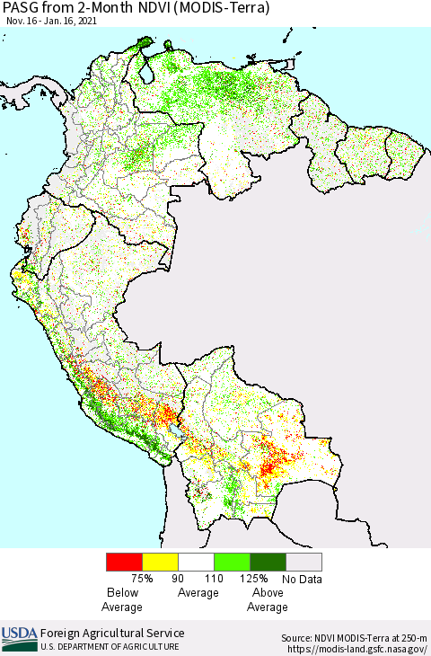 Northern South America PASG from 2-Month NDVI (MODIS-Terra) Thematic Map For 1/11/2021 - 1/20/2021