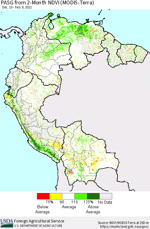 Northern South America PASG from 2-Month NDVI (MODIS-Terra) Thematic Map For 2/1/2021 - 2/10/2021