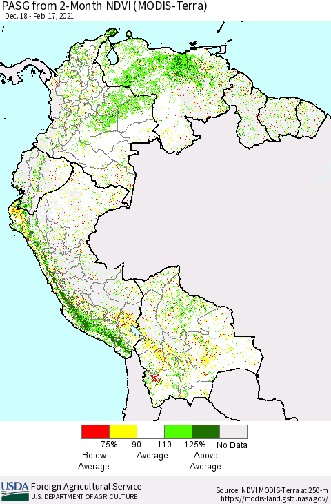 Northern South America PASG from 2-Month NDVI (MODIS-Terra) Thematic Map For 2/11/2021 - 2/20/2021