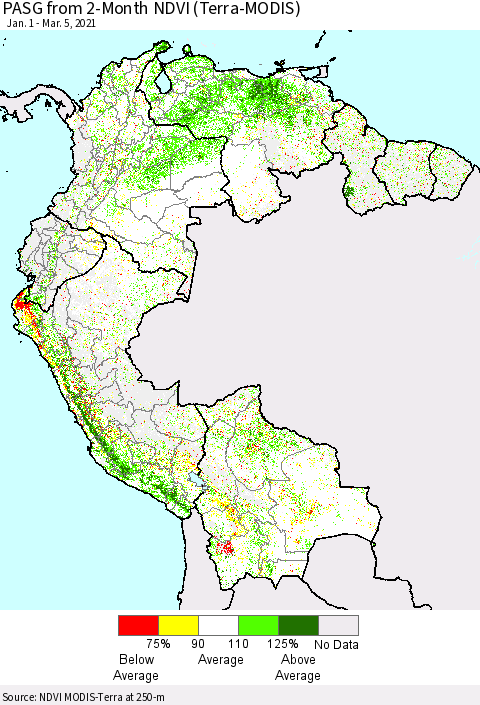 Northern South America PASG from 2-Month NDVI (Terra-MODIS) Thematic Map For 2/26/2021 - 3/5/2021