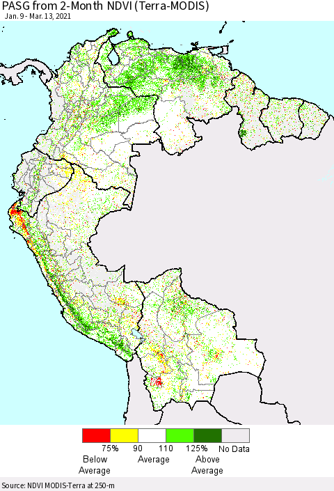Northern South America PASG from 2-Month NDVI (Terra-MODIS) Thematic Map For 3/6/2021 - 3/13/2021