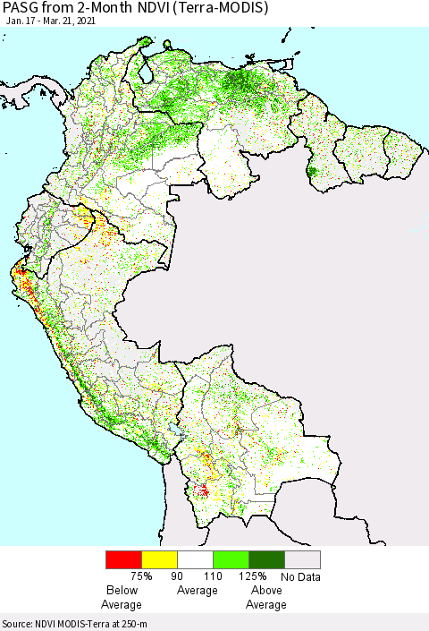 Northern South America PASG from 2-Month NDVI (Terra-MODIS) Thematic Map For 3/14/2021 - 3/21/2021