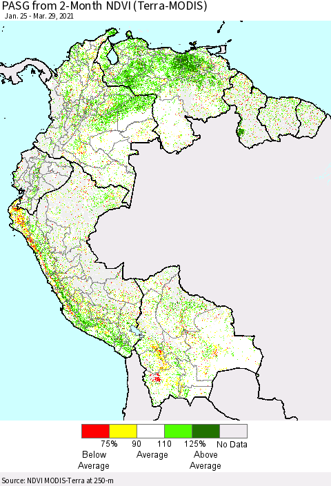 Northern South America PASG from 2-Month NDVI (Terra-MODIS) Thematic Map For 3/22/2021 - 3/29/2021